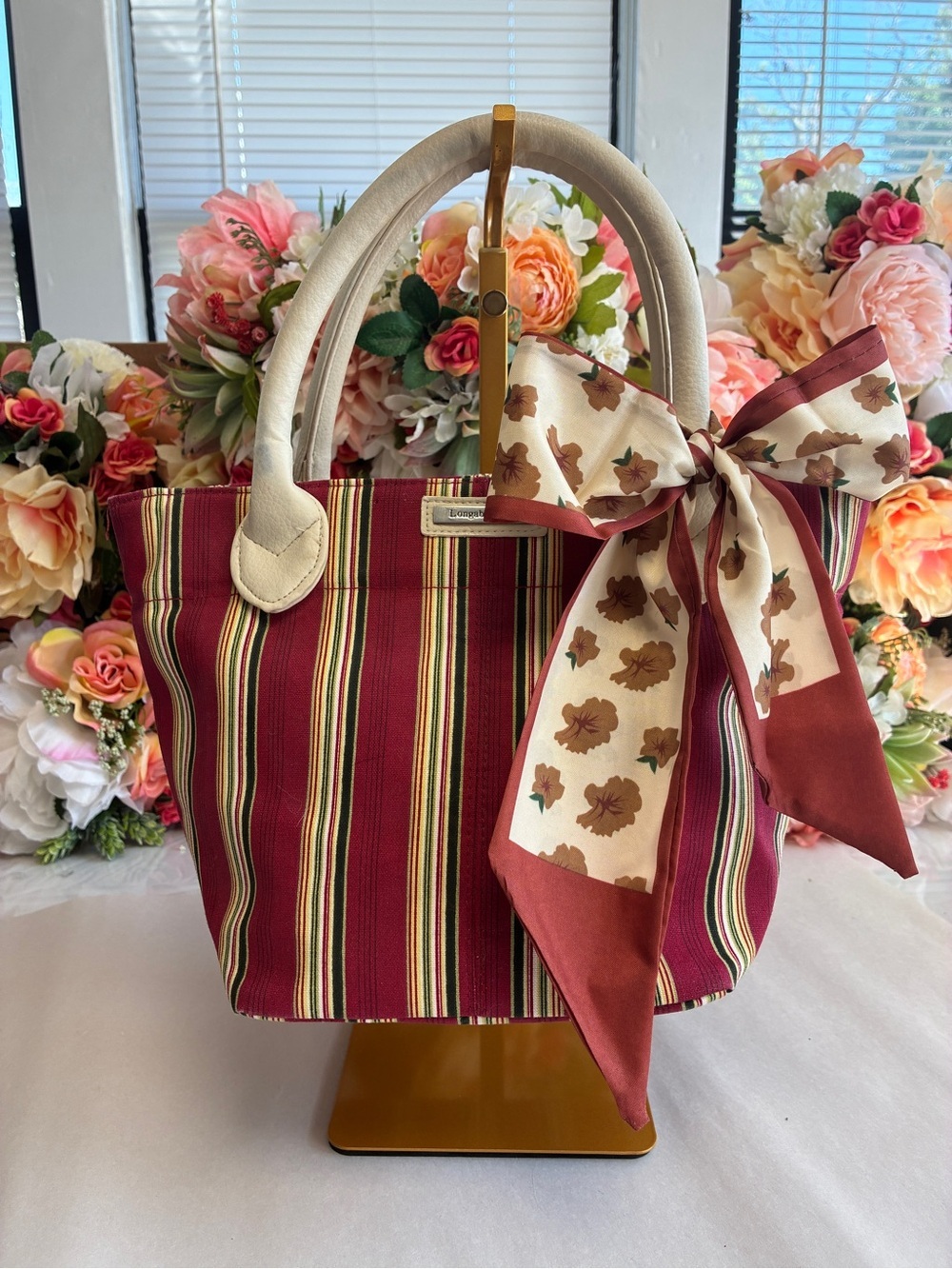 Longaberger Homestead Small Burgundy Striped Canvas Tote Bag Ivory Handles